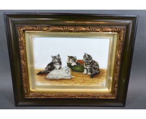 Bessie Bamber 'Study Of Four Kittens' oil on porcelain panel signed with initials, 16.5 x 24.5 cms 