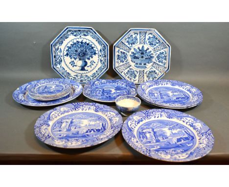 A Delft Octagonal Dish decorated in underglaze blue together with another similar and a collection of various Copeland Spode 