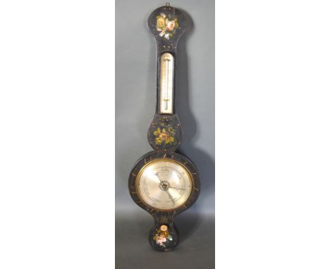 A 19th Century Ebonised Painted and Mother of Pearl Inlaid Wheel Barometer Thermometer 