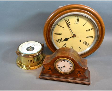 A Brass Bulkhead Barometer Thermometer by Schatz together with a circular wall clock and an Edwardian mahogany marquetry inla
