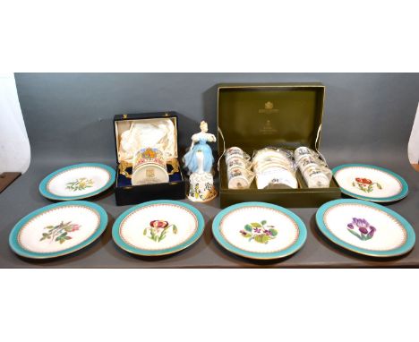 A Set of Six Victorian Plates, hand painted with flowers and with turquoise and gilded border together with a Royal Worcester