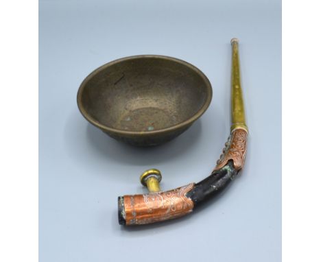 A Persian Copper and Brass Pipe set coral and turquoise together with a similar Persian bowl 