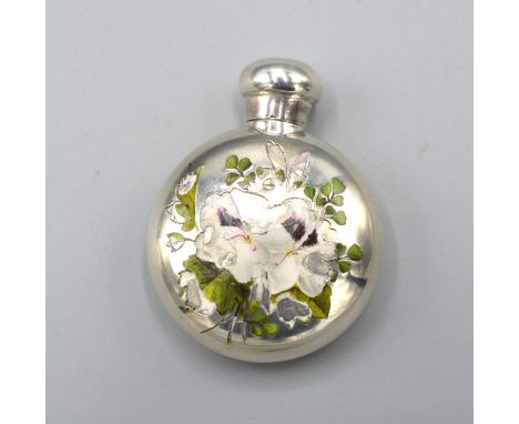 A Victorian Silver and Enamel Decorated Small Circular Scent Bottle, the front decorated in enamel, Birmingham 1888, 5 cms lo
