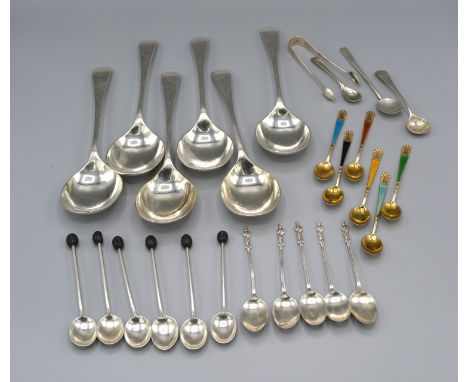 A Set of Six Sheffield Silver Soup Spoons together with a set of six Sheffield silver bean handled coffee spoons, five Birmin