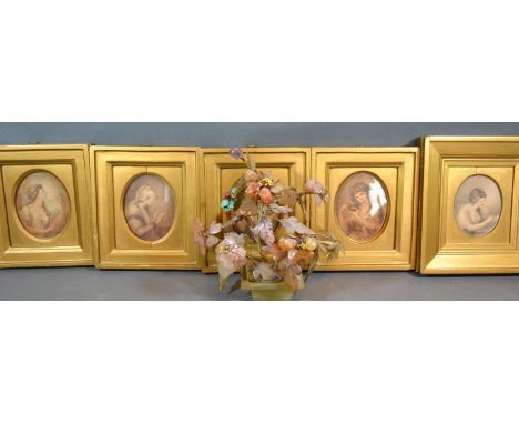 A Group of Five Miniature Portrait Engravings together with a Chinese stone set ornament 