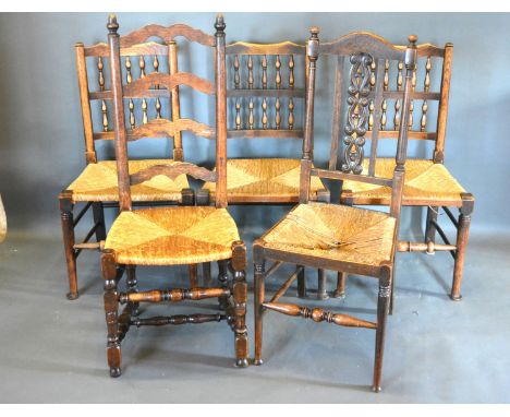 A Set of Three Lancashire Spindle Back Side Chairs together with a similar ladder back chairs another side chair and rectangu
