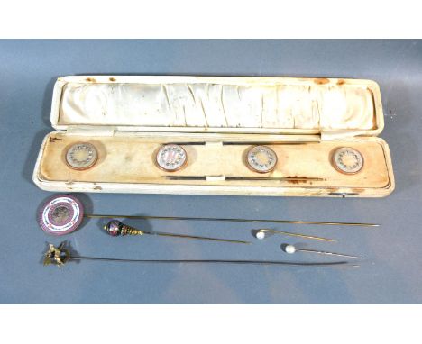 A Set of Four Early 20th Century Mother of Pearl and Paste Set Hat Pins within fitted case together with a guilloche enamel s
