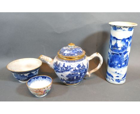 A 19th Century Chinese Porcelain Teapot decorated in underglaze blue and highlighted with gilt together with a similar flared