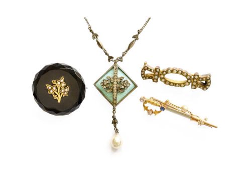 Three Brooches, comprising; a diamond, sapphire and cultured pearl brooch in the form of a sword, length 4.4cm; an onyx and s