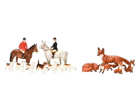 Beswick Hunting Group Comprising: Huntswoman - Style Two: Standing, model No. 1730, grey gloss and Huntsman - Style Two: Stan