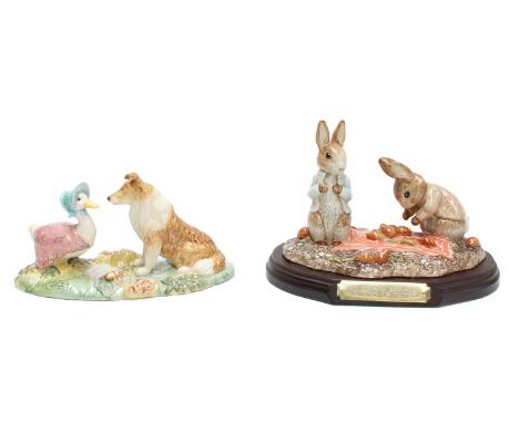 Beswick Beatrix Potter Tableaus: 'Peter and Benjamin Picking up Onions', model No. P3930, limited edition 734/3000, on wooden