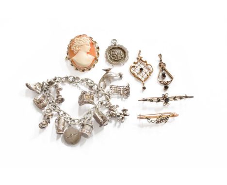 A Small Quantity of Jewellery, comprising of a cameo brooch, with a 9 carat gold frame, measures 4.0cm by 3.3cm; a split pear
