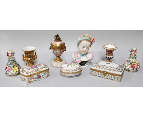 19th Century and Later English and French Procelain to Include, a pair of Coalbrookdale-style floral encrusted scent bottles,