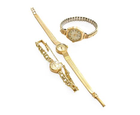 A Lady's 9 Carat Gold Rotary Wristwatch, bracelet clasp stamped with a 9 carat gold hallmark, Two other Lady's 9 Carat Gold W
