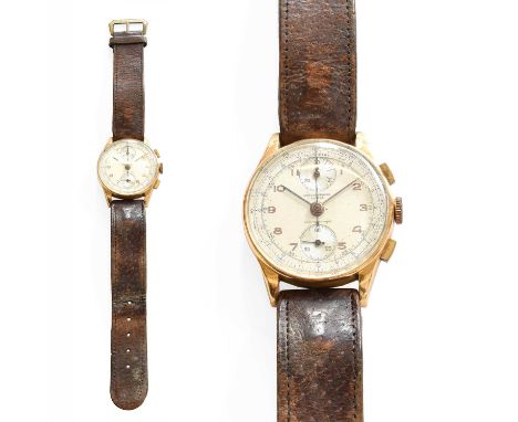 An 18 Carat Gold Chronograph Wristwatch, circa 1950Back cover stamped 18k/750Re set button does not work, movement is working