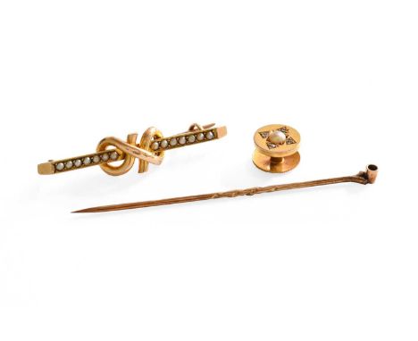 A Split Pearl Brooch, with applied plaque stamped '15CT', length 4.5cm; and A 15 Carat Gold Split Pearl and Diamond Stick Pin
