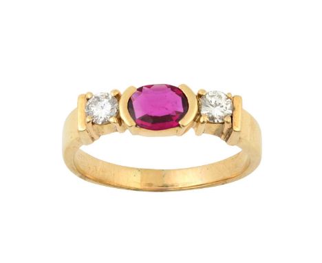 A Synthetic Ruby and Diamond Three Stone Ring, the oval cut synthetic ruby in a yellow elongated claw setting, flanked by rou