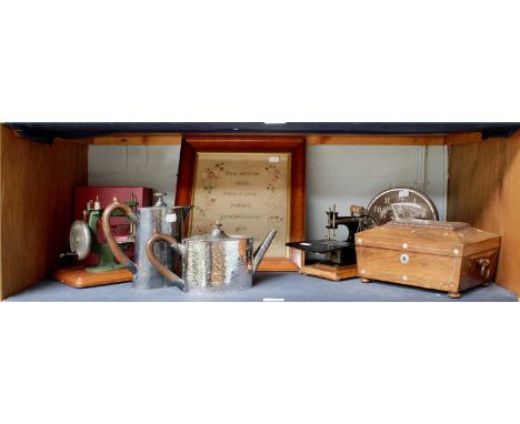 Two Child's Sewing Machines, including, a ''Grain'' example, pewter teawares, a Regency Mother of Pearl Inlaind Rosewood Sewi