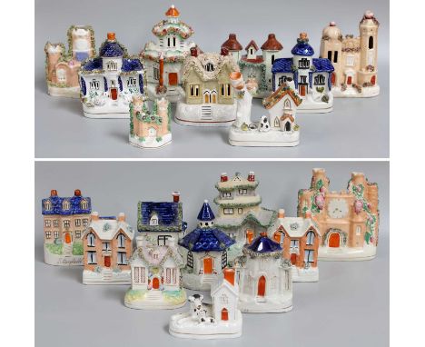 A Collection of Victorian Staffordshire Architectural Models, inscluding pastille burners, spill vases and money boxes (two t