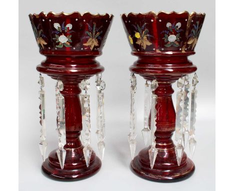 A Pair of Victorian Ruby Glass Table Lustres, 35cm high