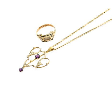 An 18 Carat Gold Enamel Mourning Ring, finger size O (a.f.); and A Purple Glass and Split Pearl Pendant on Chain, pendant len