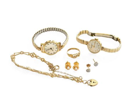 A Quantity of Jewellery, comprising of an 18 carat gold diamond five stone ring, finger size K; a pair of cultured pearl earr