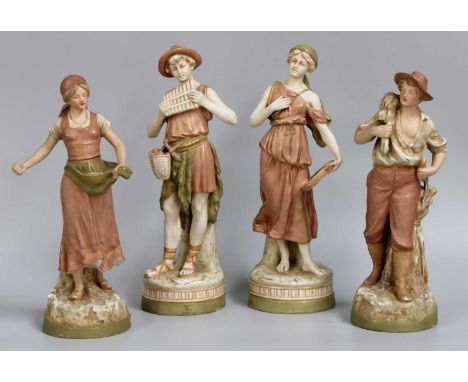 A Pair of Royal Dux Figures of Musicians, post 1919, model numbers 2074 and 2075, 32cm high together with a further pair of p