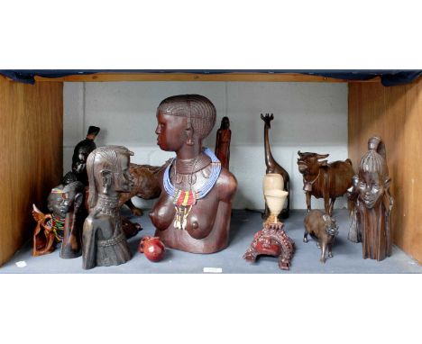 A West African Carved Hardwood Bust, by David Kyalo, bear breasted tribeswoman, signed, together with a beadwork and shell co
