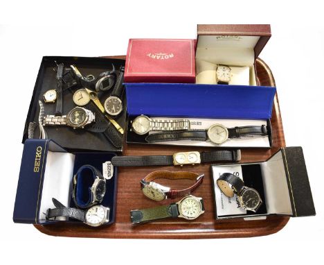 A Selection of Wristwatches, consisting of, a Seiko 5 Automatic Wristwatch, Seiko Quartz Day/Date Wristwatch, Rotary Plated W