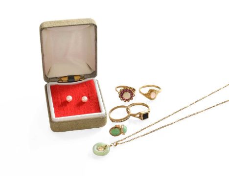 A Quantity of Jewellery, comprising of a 9 carat gold ruby and opal cluster ring, finger size K; a 9 carat gold signet ring, 