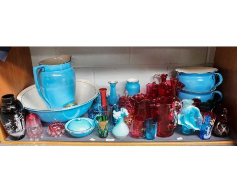 A Collection of Victorian Coloured Glassware, mainly cranberry glass, including ''Mary Gregory'' example, a similar opaque bl