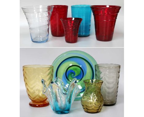 Various Whitefriars Glass Including, two ruby ''Swirl'' flared vases, Kingfisher blue and willow textured vases, a blue and g