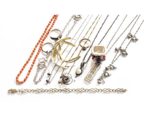 A 9 Carat Gold Figaro Link Necklace, length 51.5cm; A Coral Necklace, length 41cm; together with A Quantity of Silver Jewelle