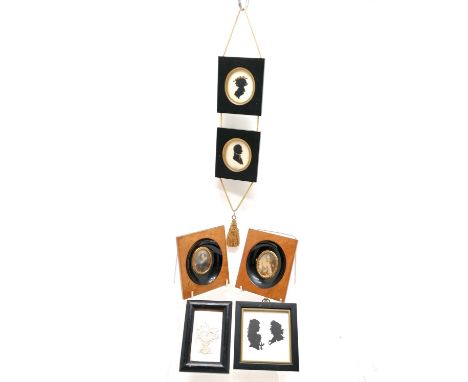 Pair of walnut ebonised framed portrait miniatures (12.5cm x 10.5cm) t/w Bohemian glass panels on perspex stands depicting fe