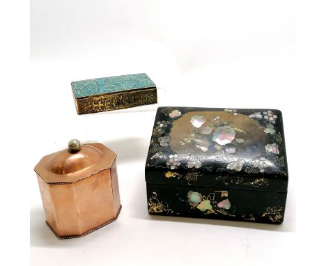 3 x boxes - antique papier mache small stationery box 18cm x 11cm x 12cm high (slight losses + wear &amp; missing dividers), 