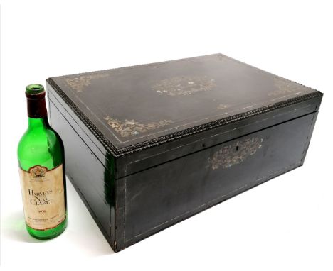 Antique ebony and mother of pearl inlaid box with gilded decoration. 54cm long x 36cm wide x 22 cm high. Some of the beading 