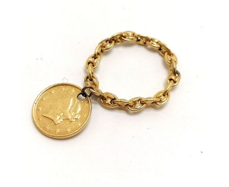 Antique unmarked gold (touch tests as 18ct) capstan link ring with 1853 USA $1 coin attached - total weight 3.6g 