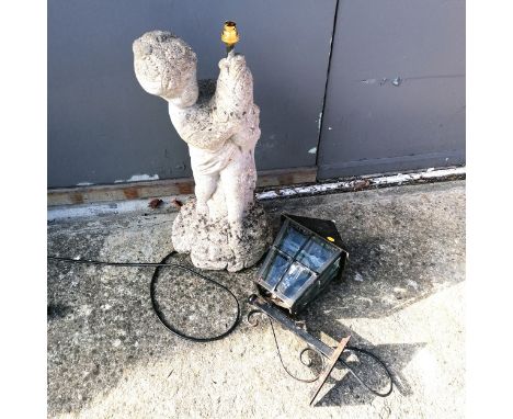 Concrete cherub garden statue as a lamp base 63cm high T/W an outside wrought iron and glass wall light 