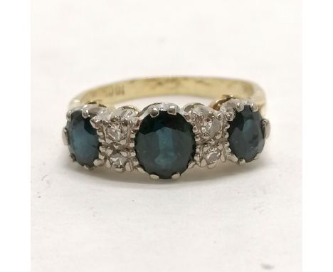 18ct marked gold sapphire &amp; diamond ring - size M½ &amp; 4.2g total weight ~ the shank is fractured 