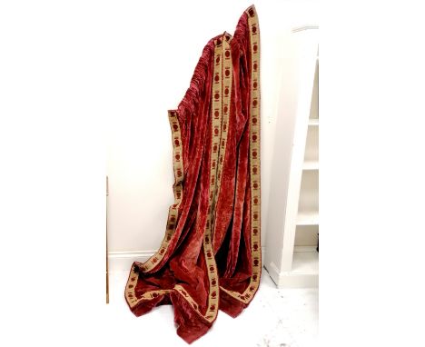 Pair of antique red velvet curtains with embroidered panel detail to edging - each curtain 70cm wide &amp; 250cm long. In goo