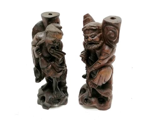 2 x Chinese hand carved wooden figural lamp bases - 29cm high ~ the fisherman has shrinkage cracks to the base