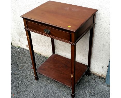 Edwardian Mahogany side table with frieze drawer and under tier shelf standing on spade feet 76cm high x 51cm wide x 40cm dee