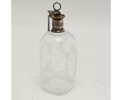 Antique sterling silver mounted glass drinks flask with hand etched detail to body - 16cm high &amp; has unusual detachable p