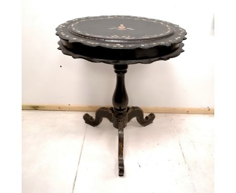 Antique mother of pearl inlaid sewing box on a pedestal base with green silk interior. 60cm x 47cm x 70cm high. some wear to 