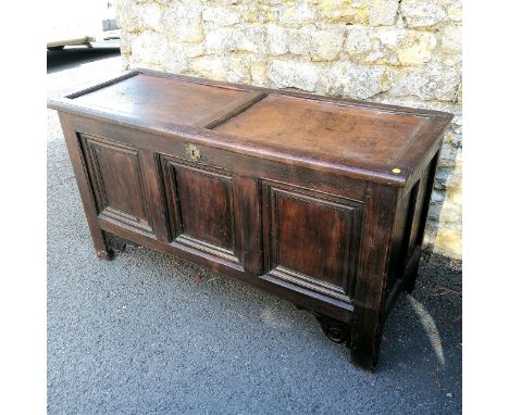 17th/18th century and later scrolls / ears oak three panel coffer with candle box and replacement hinges. 137cm long x 73.5 c
