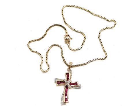 9ct marked gold ruby &amp; diamond set cross on a 9ct hallmarked gold 34cm box link chain - total weight 6.5g 
