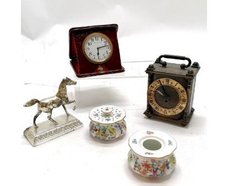Alex Clarke leather cased alarm clock, running but missing end to the adjuster, running T/W a Smiths brass 8 day mantle clock