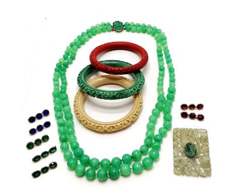 Long 2 strand Chinese peking glass green bead necklace (60cm) t/w hardstone panel, 3 bangles etc 