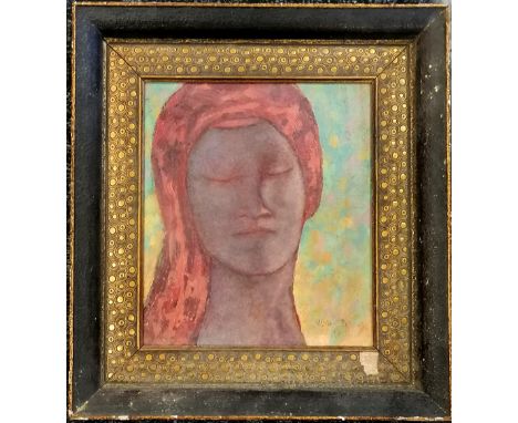 Framed oil on board, portrait of a lady wearing a red headscarf, Bears signature 'Odilon Redon' lower right, Frame 39 x 36.5 