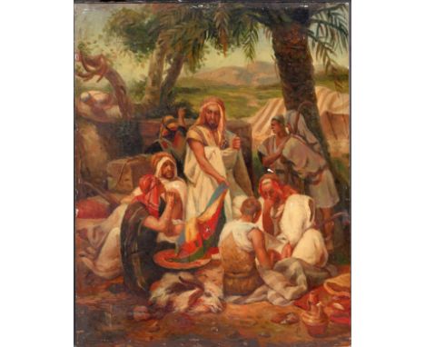 Middle Eastern School, unframed oil on Panel, A Gathering of Figures, Monogramed lower right, 25 .5 x 20 cm 